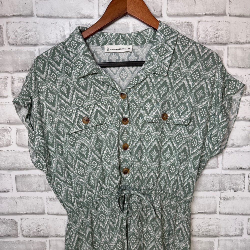 Lucky Brand Short Sleeve Midi Shirt Dress  Size M Jade Border Dress Green